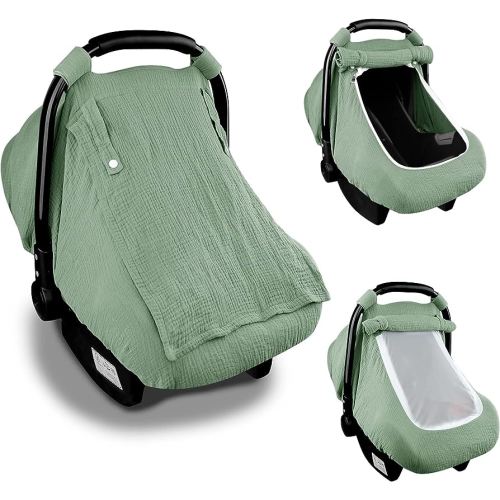 Hooyax Muslin Car Seat Covers for Babies, Summer Baby Car Seat Cover for Boys Girls with Breathable Window, Lightweight Infant Car Seat Canopy, Green