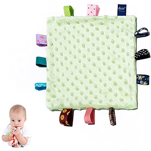 HECCEI Green Baby Security Blanket with Colorful Satin Tags, Infant Appease Blankets Toy, Taggies Blanktes - 10 x 10 inches Square Blanket for 3+ Months Babies Boys/Girls