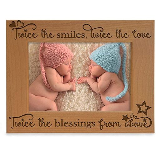 KATE POSH - Twice The Smiles, Twice The Love, Twice The Blessings from above - Engraved Natural Wood Picture Frame - Twins photo frame, Twins gifts for babies, Twins gifts for mom (4x6-Horizontal)