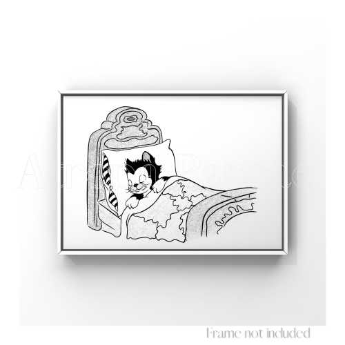 Figaro Sleeping Pinocchio Print Walt Disney Illustration Cat Dream Anime Vintage Drawing Retro Poster Sketch Art