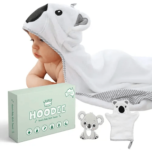 Hoodee Koala Hooded Baby Bath Towel Gift Set | Cute Organic Koala Baby Bath Towel with Matching Teething Toy & Washcloth Puppet | 100% Organic Bamboo Cotton Materials Leaving Your Baby Feeling Loved