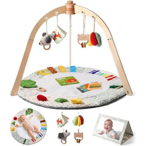 Wooden Baby Play Gym & Tummy Time Playmat – Montessori Sensory Activity Mat with 6 Developmental Toys for Fine Motor Skills – for Newborns to Toddlers (0–12M+)