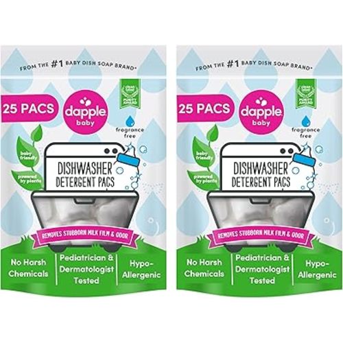 Dapple Baby Dishwasher Pacs, Hypoallergenic Dishwasher Pods Powered by Plants, Removes Milk Residue & Odor on Dishes, Baby Bottles & Kitchenware, Fragrance Free, 25 Count (Pack of 2)
