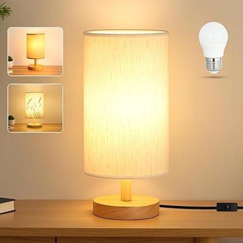 Desk Lamp LED Bulb Included, Small Bedside Table Lamp Plug-in - Classic Wood Base with Flaxen Fabric Shade, Lamps for Night Stands, Simple Nightstand Light for Bedroom, Office, Desk