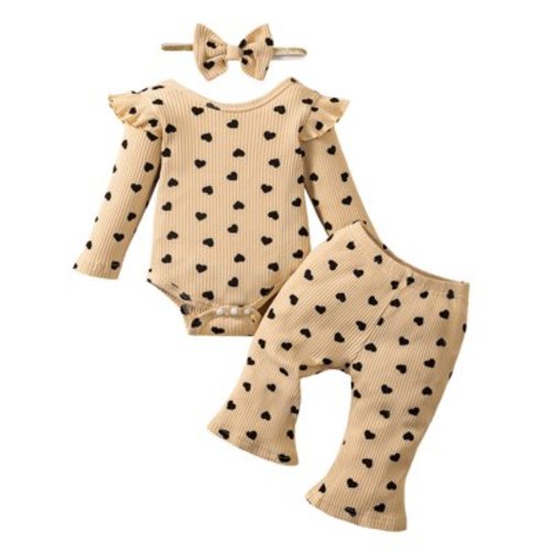 Newborn Baby Girls Clothes 3 Months Girls 3PCS Fall Winter Outfits Set Heart Print Newborn Girls Long Sleeve Top Pants Set with Headband Apricot
