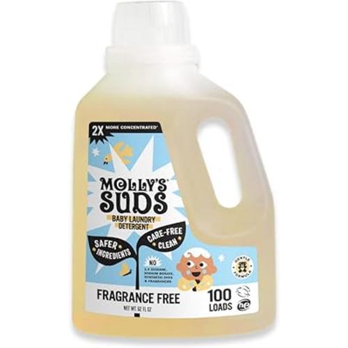 Molly's Suds Baby Liquid Laundry Detergent | Removes Formula, Poop & Spit-Up Stains | Extra Gentle for Infants, Babies, Toddlers (Fragrance Free, 100 Loads)