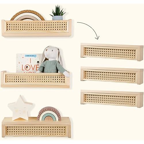 Rattan Shelf 3 Pack, 16 inch Nursery Shelves for Wall, Rattan Decor Boho Shelves, Rattan Bookshelf for Nursery, Floating Book Shelves for Wall, Nursery Shelf, Nursery Book Shelves, Rattan Wall Shelf