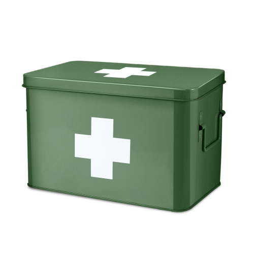 First Aid Medicine Box Supplies Kit Organizer - 12.5" Green Metal Tin Medic Bin Hard Case with Removable Tray Handle Storage Compartment, Vintage Antique Empty Boxes for Home Family Emergency Tool