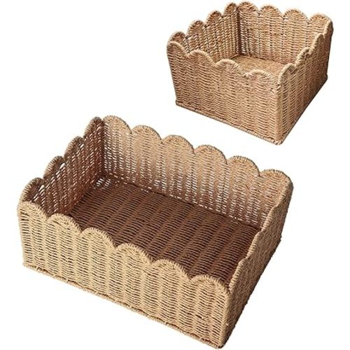 Scalloped Edge Basket, Wicker Storage Baskets, Hand Woven Baskets for Shelves,Natural Baskets for Organizing (S+M)