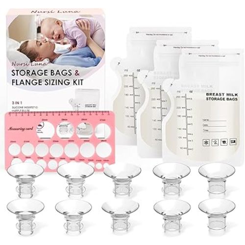 Flange Sizing Kit with Flange Inserts 13/15/17/19/21mm 10PCS, Nipple Sizer for Flanges, Breastmilk Storage Bags 60, Silicone Flanges Insert for 24mm Pump, Breastfeeding Essentials for New Mom