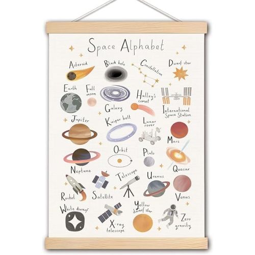 DNEULYR Space Alphabet Canvas Wall Art, Nursery Wall Decor, Space Room Decor, ABC Educational Prints Poster for Toddlers Kids Room Nursery Playroom Classroom, 12x16 Inches