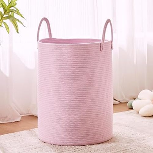 62L Large Pink Cotton Rope Laundry Basket Hamper for Girls Kids Baby Nursery Woven Basket for Toy Blankets Storage in Living Room Bedroom Boho Girls Room Decor