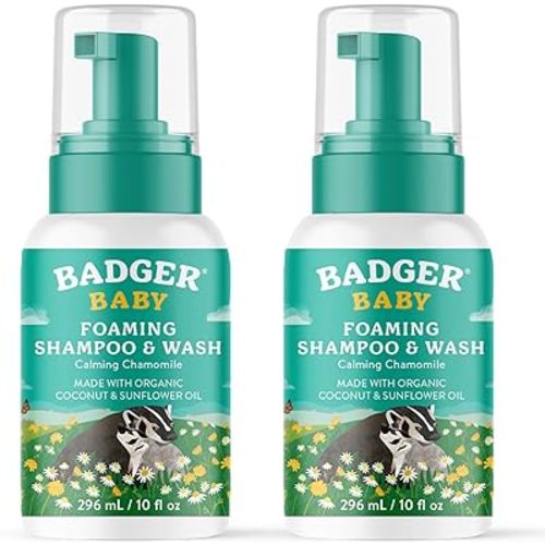 Badger Baby Wash, Calming Chamomile Foaming Baby Shampoo and Body Wash, Organic Baby Body Wash, Gentle Newborn or Toddler Baby Soap and Shampoo, 4 fl oz (2 Pack)