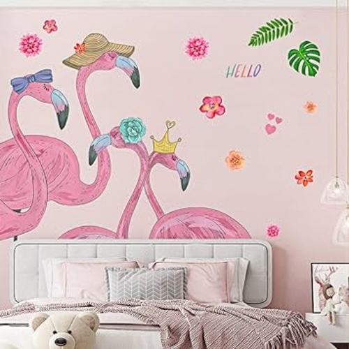 RW-143 Pink Flamingo Wall Decals 3D Flamingo Flowers Wall Stickers Peel and Stick DIY Removable Flamingo Wall Art Decor for Kids Girls Bedroom Living Room Nursery Bedside Classroom Room Decoration