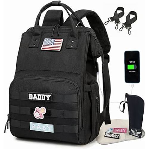 Diaper Bag Backpack for Dad and Mom with USB Charging Port Stroller Straps and Insulated Pocket,army military Travel Nappy Backpack for Daddy/Mommy (Black)