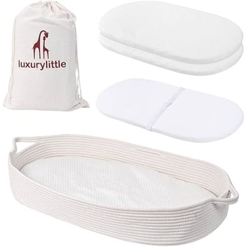 Luxury Little Baby Changing Moses Basket with Memory Foam Mattress, Waterproof Changing Pad Covers, Boho Changing Station for Nursery Decor, 100% Cotton Rope, Portable Baby Lounger