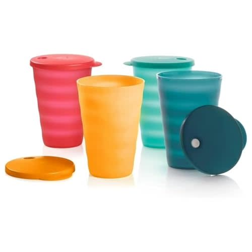 Tupperware Brand Impressions 16 oz Tumblers - Set of 4 - Dishwasher Safe & BPA Free - Mess-Free Reusable Plastic Cups with Lids