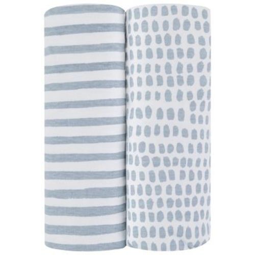 Ely's & Co. Baby Waterproof Fitted Pack N Play - Mini Crib Sheet 100% Combed Jersey Cotton Misty Blue Stripes And Splash 2 Pack
