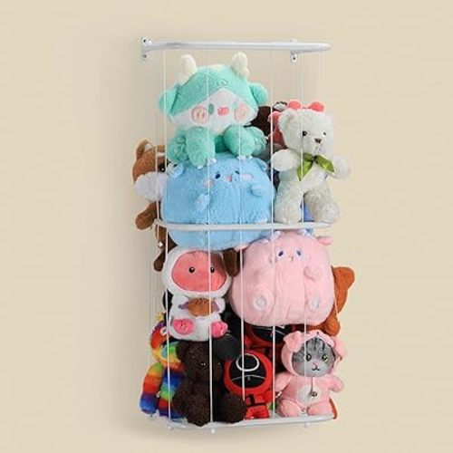 Shinoske Corner Stuffed Animal Storage,Metal Adjustable Heights Stuffed Animal Holder with Elastic Rope,Wall Mount Ball Storage Hanging Organizers for Nursery,Living Room,Playroom,Bedroom,White