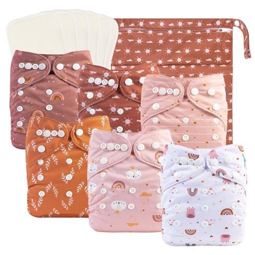 babygoal Baby Cloth Diapers 6 Pack with 6pcs Rayon from Bamboo Inserts and Wet Bag, One Size Reusable Washable Pocket Nappy Covers for Infant Boys and Girls 6FG04 - Boho-cloud,rainbow,sun