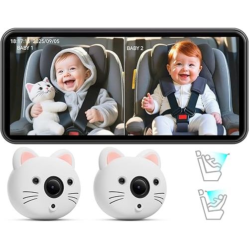 Baby Car Camera for 2 Kids – 7.2” IPS Split-Screen Monitor with Dual 1080P HD Rear-Facing Car Seat Cameras, Cute Replaceable Cat Covers, Night Vision, Type-C Power, Easy Install for Twins or Siblings