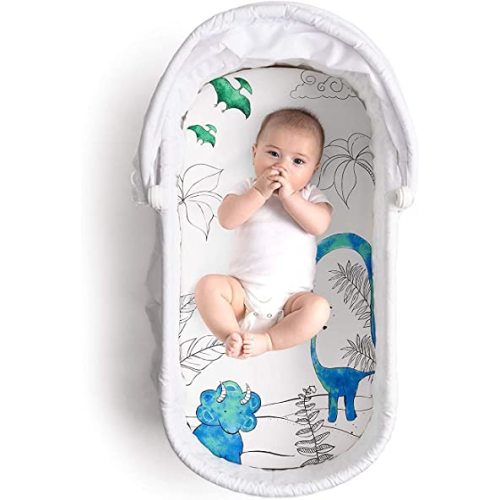 JumpOff Jo - Hypoallergenic Fitted Bassinet Sheet for Baby Boys & Girls - Rectangular, Hourglass & Oval Crib Compatible, Soft, Breathable, Machine Washable - Tiny Dino, Blue