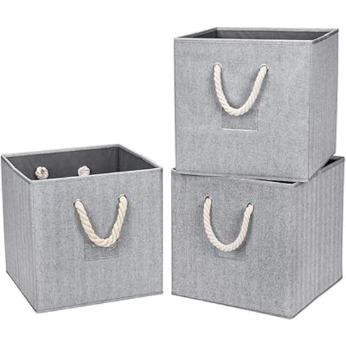 Robuy Cube Storage Bins,Grey Fabric Foldable Storage Bins,Set of 3 Stroage Boxes with Cotton Rope Handles for Organizer Home,Office, Nursery 13x13x13 inch
