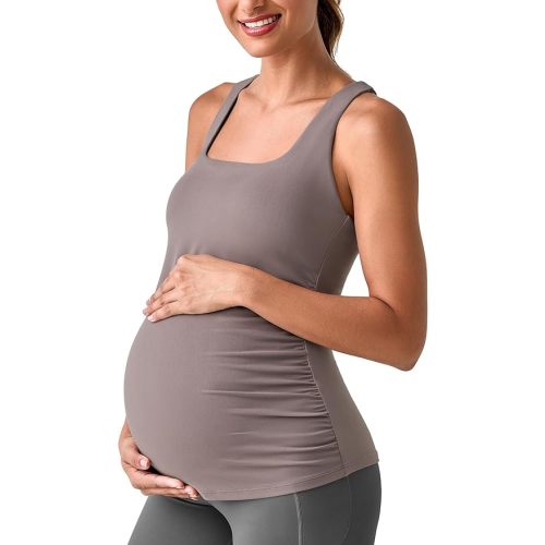 G4Free BareFeel Maternity Racerback Tank Tops with Built in Bra Ruched Sleeveless Square Neck Pregnancy Yoga Workout Shirts