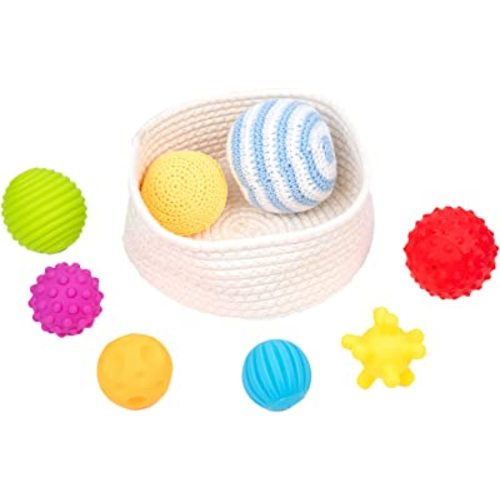 Adena Montessori 8 Pack Sensory Balls for Toddlers 1-3,Sensory Baby Toys 6-12 Months,Infant Educational Squeeze Sensory Toy Soft Multi Ball Set Gifts with Bright Color Textured with White Woven Basket