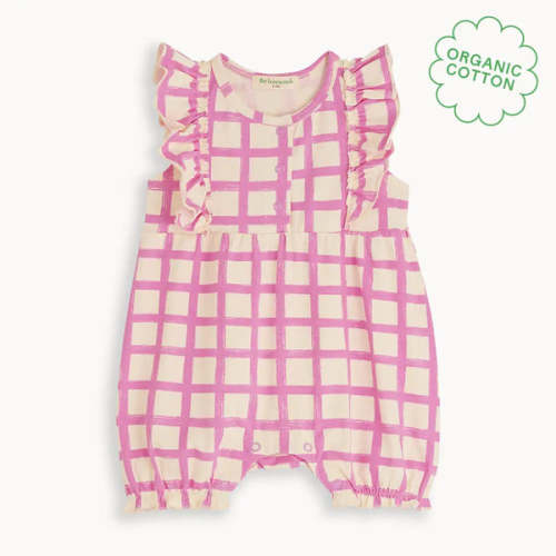 Sundae - Pink Checker Jersey Baby Frill Bubble Romper / Pink / 95% Organic Cotton, 5% Elastane