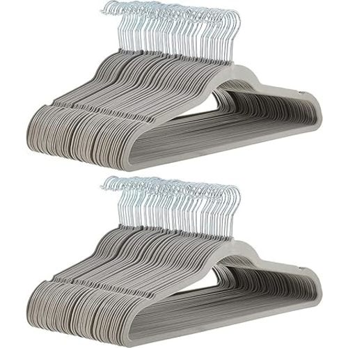 Amazon Basics Slim, Velvet, Non-Slip, Durable Suit Clothes Hangers for Closet, Coats, Pants, Shirts, Gray/Silver, Pack of 100