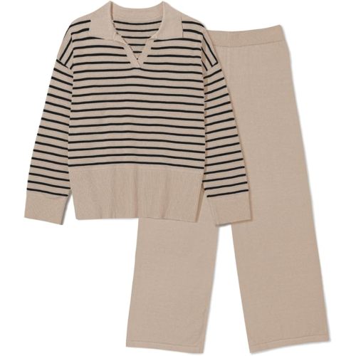 Pink Queen Sweater Sets for Women 2 Piece Long Sleeve Collar V Neck Sweatsuit Knitted Stripe Pajamas