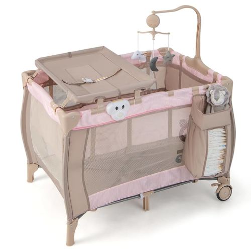 HONEY JOY Pack and Play, 3 in 1 Portable Baby Playard with Bassinet, Changing Table, Lockable Wheels, Music Box, Foldable Travel Baby Crib Nursery Center from Newborn to Toddler (Coffee Pink)