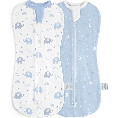 Baby Swaddle 0-2 Months, Cotton Arm-In Zipper Sleep Sack, Wearable Blankets Wrap for Newborn Infant Girls, Boys (Elephant, Star Moon, Pack of 2)