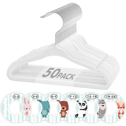 Baby Hangers, VIS'V 11 Inch White Velvet Kids Hangers with 6 Pcs Size Dividers Non Slip Nursery Children Closet Clothes Hangers for Infant Toddler Girls and Boys - 50 Pcs