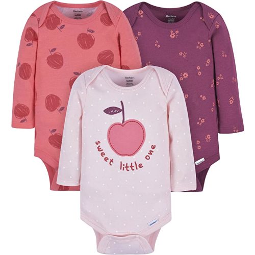 Gerber baby-girls 3-pack Long-sleeve Onesies Bodysuit - 3-6 Months - Pink Apple