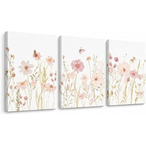 MTFBWY Pink Wildflower Floral Canvas Wall Art for Nursery Decor, Watercolor Flower Pictures for Girls Bedroom, Set of 3 Calming Aesthetic Prints, 12x16 Inch