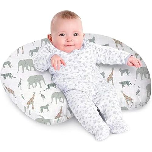 LGL Muslin Nursing Pillow for Breastfeeding,Original Breastfeeding Pillows for More Support for Mom and Baby,Muslin Cute Cover with Breathable Filling,Feeding Support Pillow for 0-12 Months(Safari)