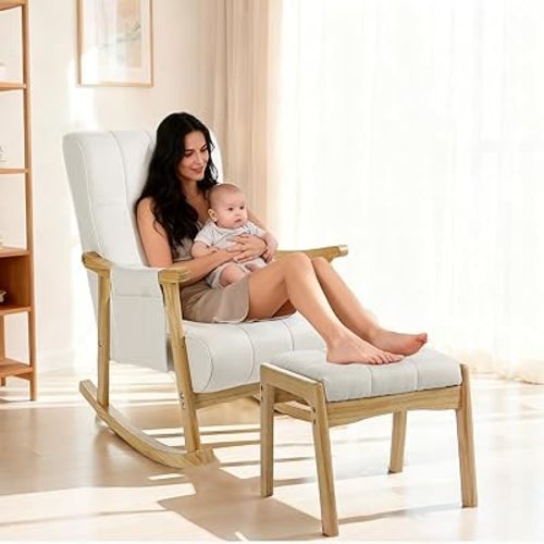 NOBLEMOOD Rocking Chair Indoor with Ottoman, Nursery Rocking Chair with Lumbar Pillow, High Back Upholstered Solid Wood Frame Rocker for Living Room