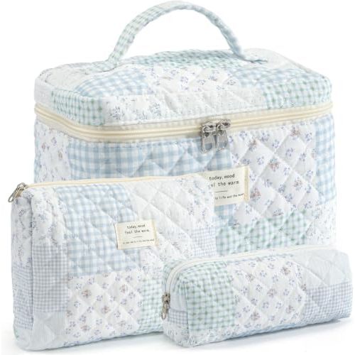 Makeup Bag for Women 3PCS Quilted Cotton Make Up Bag Travel Cosmetic Bag Large Makeup Bag Set Cute Makeups Organizer Floral Toiletry Pouch for Purse, Shabby Chic Blue