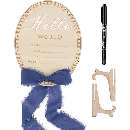 Wooden Hello World Baby Announcement Sign with Navy Bow – Oval Birth Stat Board with Marker & Stand – Newborn Photo Prop Keepsake for Name Date Time Weight Length (Ribbon Blue)