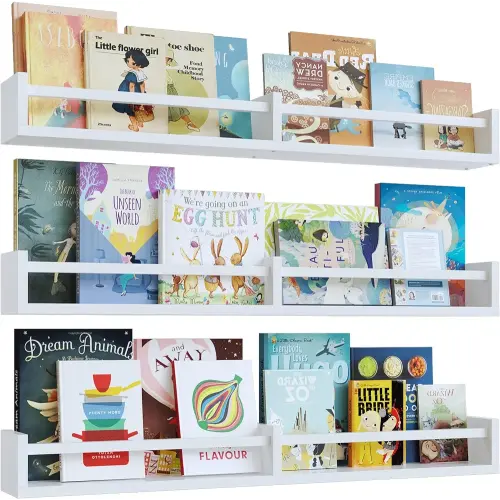 White Nursery Bookshelves,32Inch, Floating Nursery Shelves - Set of 3 - Book Shelf Organizer for Baby Nursery Room Decor, Wall Shelves for Kitchen Spice Rack, Pine