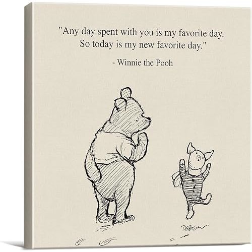 Classic Winnie the Pooh Quote Wall Art Decor Retro Any Day Spent With You is My Favorite Day Sayings Canvas Painting Pictures Framed Print Sign Artwork Ready to Hang (8x8 Inches)