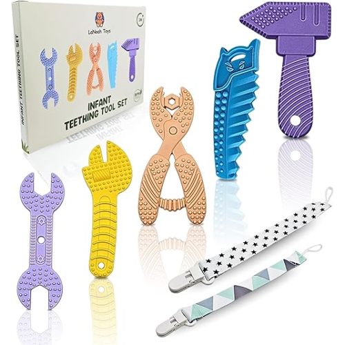 LaNoah Toys Infant Teething Tools Set: Includes 2 Clips! Soft BPA Free Teething Toys, 5 Piece Construction Set, Baby Boy Essentials Einstein, Gift for Infant Toddler Boy Girl