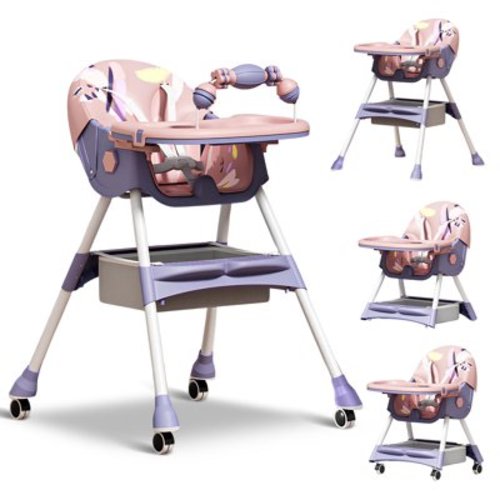 HAOUUCYIN 4-in-1 Portable Infant High Chair, 5-Point Harness, Dinner Plate, Toy Rack, 9.48 lbs, Purple