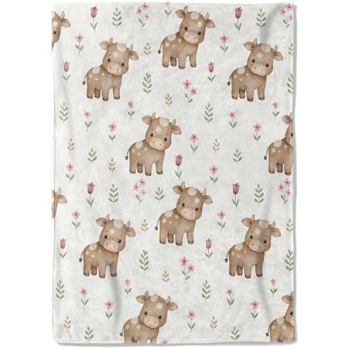 Cute Cow Fleece Blanket,50x60in,Beige Calf Pink Flower Leaves Throw Blankets,Soft Cozy Lightweight, Ideal for Bed Living Room Home Farm Decor,Kids Gifts