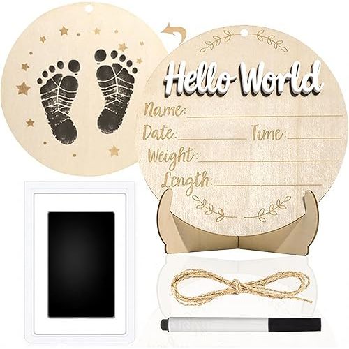 Baby Announcement Sign, 5.9inch Round Wooden Hello World Newborn Signs, Birth Announcement Sign: Equipped with Ink Pad Can Baby Handprints and Footprints for Photo Prop Hospital Nursery Gift