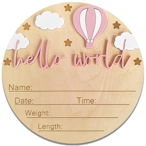 Hello World Newborn Sign - 5.9” Round Wooden Baby Announcement Sign with 3D Hot Air Balloon, Clouds & Stars - Keepsake Birth Gift for Baby Girl’s First Day, Hospital, Shower, or Nursery Décor (Pink)