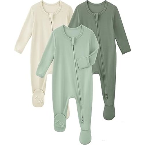 Amazon.com: Yoofoss Rayon Made From Bamboo Baby Pajamas 3pcs Newborn Sleepers For Boy Girl Clothes, 0-3 Months Footed Pajamas Zipper Baby Pjs with Mitten,Sage&green&beige: Clothing, Shoes & Jewelry
