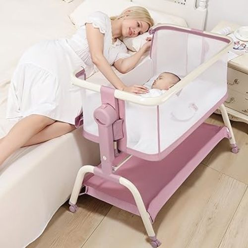 Bedside Cribs 3 in 1 Baby Bassinet Bedside Sleeper with Adjustable Height Easy Folding Portable Crib Comfy Mattress and Wheels - Pink